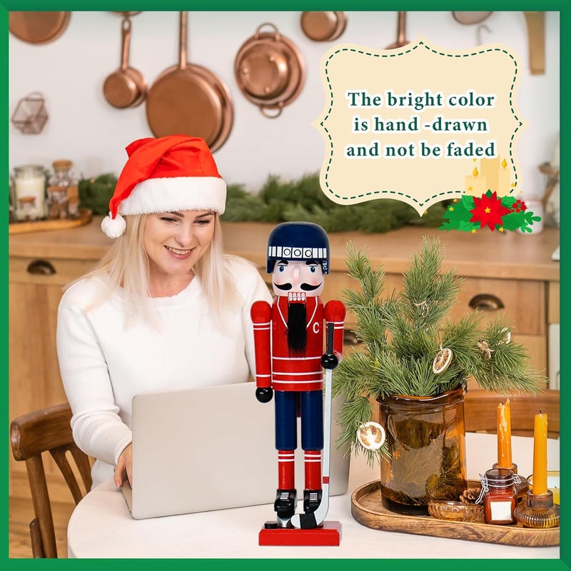 WVIOUOPU Ice Hockey Player Nutcracker Christmas Decorations - 14 Inch Handmade Wooden Figures with Hockey Stick Helmet Skates for Mantle Shelf Tabletop Home Christmas Holiday Ornaments Gifts - Image 4